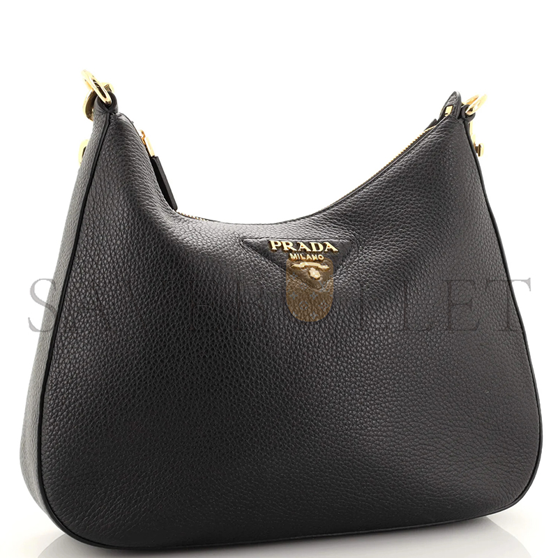 Pra*a logo strap shoudler bag leather medium black 1bc178 (32*25.5*7.5cm)